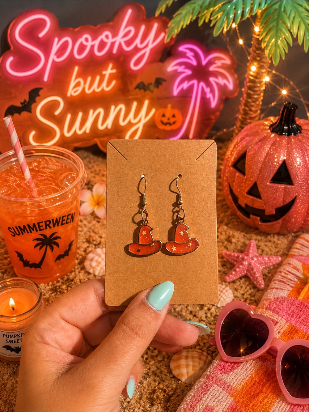 Summerween Orange Witch Hat Enamel Dangle Earrings